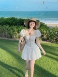 Đầm ôm tùng nhún xòe cotton thêu tay bí dáng mini