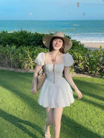 Đầm ôm tùng nhún xòe cotton thêu tay bí dáng mini