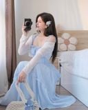 Đầm hai dây nhún xòe dáng midi