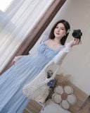 Đầm hai dây nhún xòe dáng midi