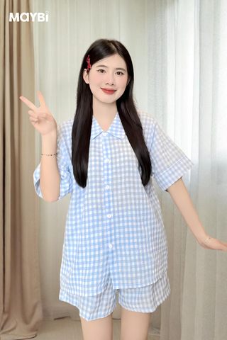 Bộ pyjama ngắn suông sọc caro