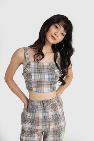 Áo croptop ôm lụa cát in caro nhún kiểu bên eo