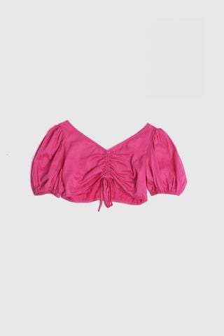 Áo croptop ôm lụa hồng phối rút nhún tay phồng ngắn