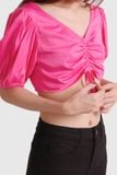 Áo croptop ôm lụa hồng phối rút nhún tay phồng ngắn