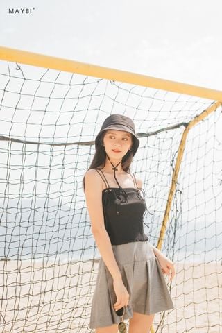 Chân váy xếp ly ngắn xòe cotton pha caro xám