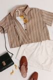 Áo sơ mi croptop suông cotton dệt ren caro vàng tay ngắn