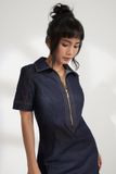 Đầm midi ôm jean xanh đậm phối dây kéo trước