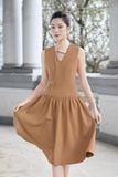 Đầm midi xòe bố len cổ V phối dây trang trí