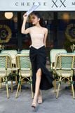 Chân váy midi ôm tuyết mưa phối xếp ly kiểu