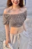 Áo croptop ôm lụa họa tiết đen nền nâu tay ngắn phồng