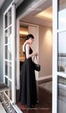 Đầm xòe cổ U dây bản dáng maxi đen