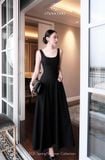 Đầm xòe cổ U dây bản dáng maxi đen