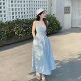 Đầm xòe sọc xanh in nơ hai dây dáng midi