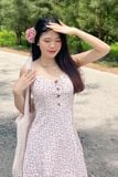 Đầm mini xòe lụa in hoa nhí nền trắng 2 dây kiểu phối gài nút