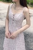 Đầm mini xòe lụa in hoa nhí nền trắng 2 dây kiểu phối gài nút