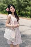 Đầm mini xòe lụa in hoa nhí nền trắng 2 dây kiểu phối gài nút