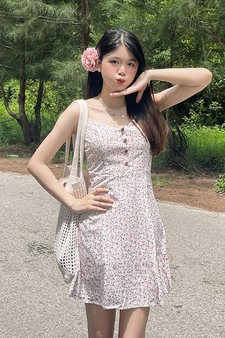 Đầm mini xòe lụa in hoa nhí nền trắng 2 dây kiểu phối gài nút