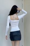 Áo ôm thun cổ phối dây rút