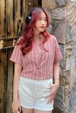 Áo sơ mi croptop suông cotton dệt ren caro đỏ tay ngắn