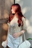 Áo sơ mi croptop suông cotton dệt ren caro vàng tay ngắn