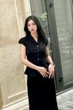 Áo peplum tuyết nhung gài nút phối tay con