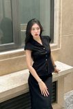 Áo peplum tuyết nhung gài nút phối tay con