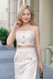 Bộ croptop chân váy mini ôm cotton pha caro nâu be