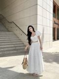 Set áo kiểu chân váy xòe phối ren dáng maxi trắng