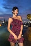 Đầm voan in lệch vai in họa tiết