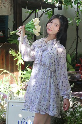 Đầm babydoll voan in hoa bèo nơ cổ