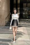 Set áo thun kiểu bẹt vai tay dài phối chân váy A dáng mini