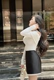 Set áo thun kiểu bẹt vai tay dài phối chân váy A dáng mini