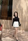 Set áo thun kiểu bẹt vai tay dài phối chân váy A dáng mini