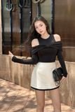 Set áo thun kiểu bẹt vai tay dài phối chân váy A dáng mini