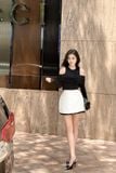 Set áo thun kiểu bẹt vai tay dài phối chân váy A dáng mini