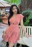 Đầm mini xòe lụa in vai rộng