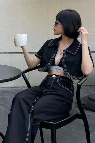 Áo croptop suông jean lai cong
