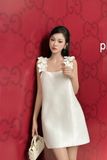 Đầm hai dây tafta đính hoa dáng mini