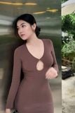 Đầm dài ôm thun cotton cut-out tay dài