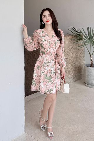 Đầm xòe voan in họa tiết tay phồng dài