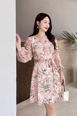 Đầm xòe voan in họa tiết tay phồng dài