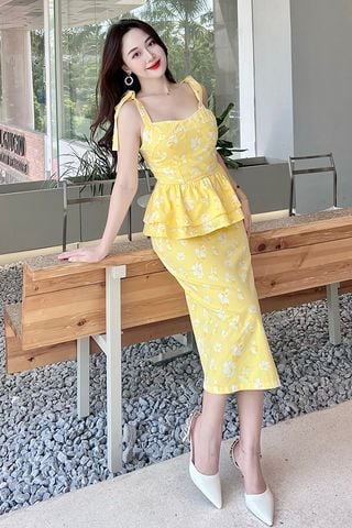Đầm peplum ôm kaki mỏng phối nơ vai