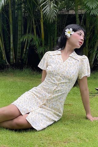 Đầm gài nút form A lụa nhún cup tay xòe