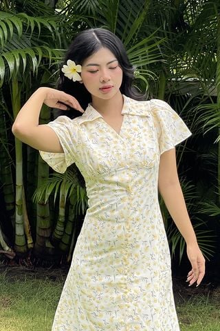 Đầm gài nút form A lụa nhún cup tay xòe