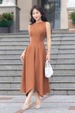 Đầm midi dáng xòe cotton lạnh xếp ly vai