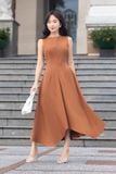 Đầm midi dáng xòe cotton lạnh xếp ly vai