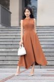 Đầm midi dáng xòe cotton lạnh xếp ly vai