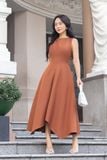 Đầm midi dáng xòe cotton lạnh xếp ly vai