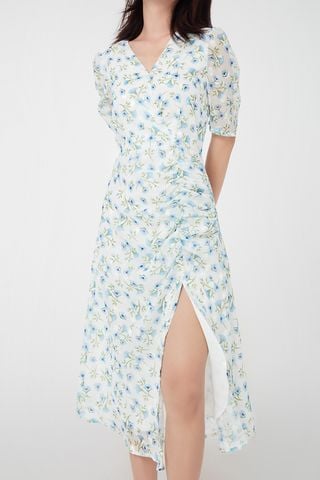 Đầm midi voan dệt hoa đắp tà phối tùng nhún