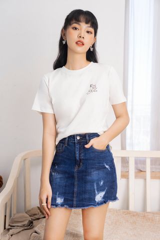 Chân váy mini ôm jean xanh đậm phối quần wash rách